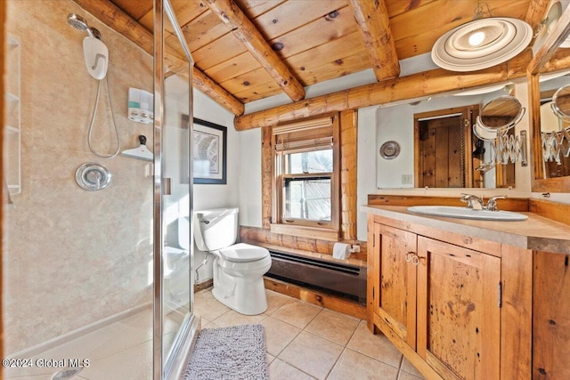 bathroom with wood ceiling, a shower with shower door, a baseboard heating unit, tile patterned flooring, and vanity