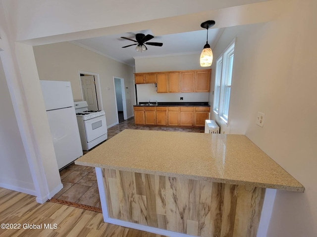 kitchen with white appliances, radiator, hanging light fixtures, ornamental molding, and kitchen peninsula