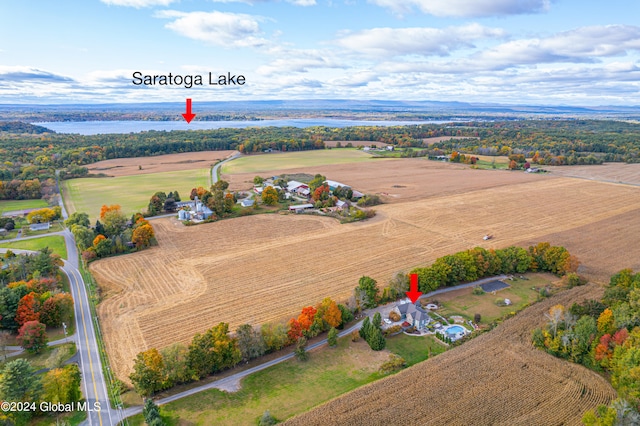 bird's eye view with a rural view and a water view