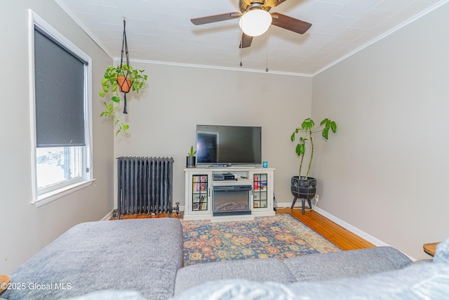 bedroom featuring ceiling fan, crown molding, radiator heating unit, and hardwood / wood-style flooring