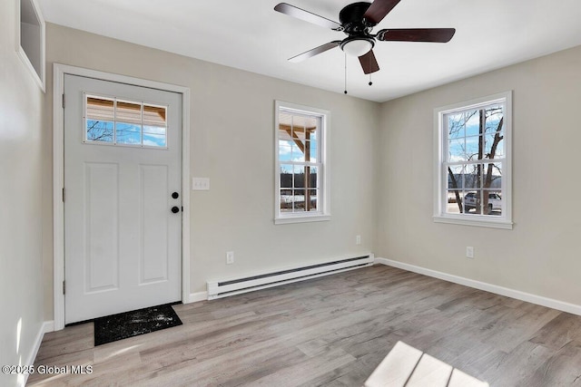 entryway with light wood-type flooring, plenty of natural light, and baseboard heating