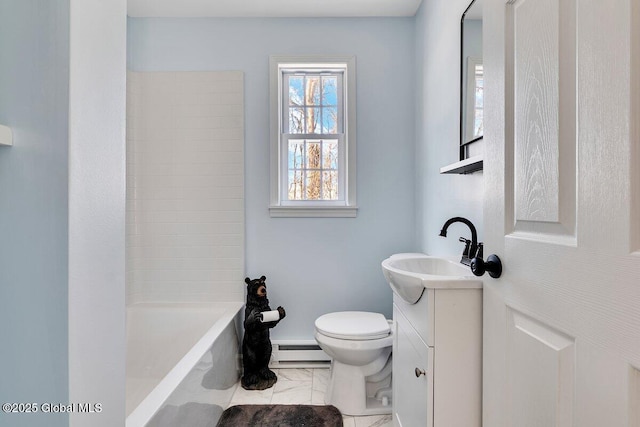 full bathroom with vanity, a baseboard heating unit, toilet, and shower / bath combination