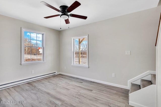 unfurnished room featuring ceiling fan, light hardwood / wood-style floors, a healthy amount of sunlight, and baseboard heating