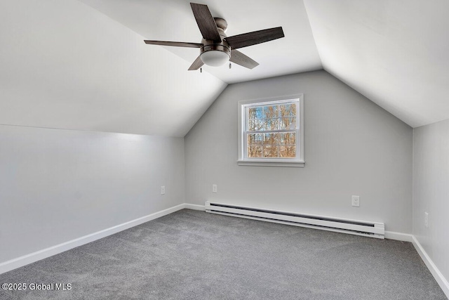 bonus room with baseboard heating, ceiling fan, lofted ceiling, and carpet floors