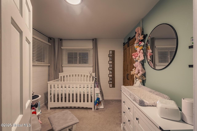 bedroom with a barn door and light colored carpet