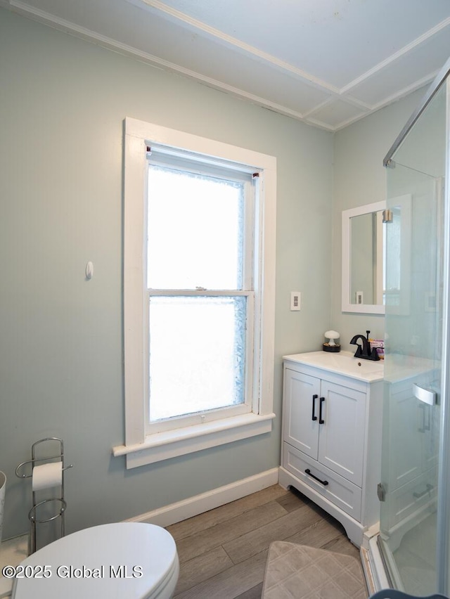 bathroom featuring vanity, hardwood / wood-style flooring, a shower with door, and toilet