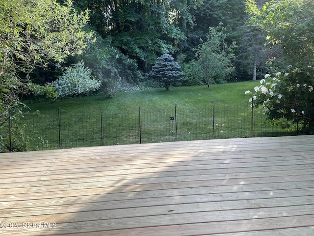 wooden deck with a yard and fence