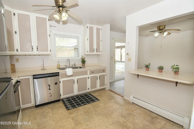 kitchen featuring sink, white cabinetry, baseboard heating, dishwasher, and ceiling fan