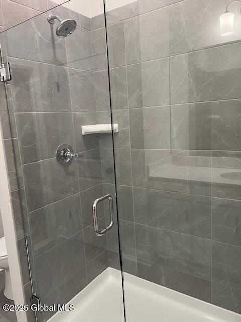 bathroom with toilet and a shower with door