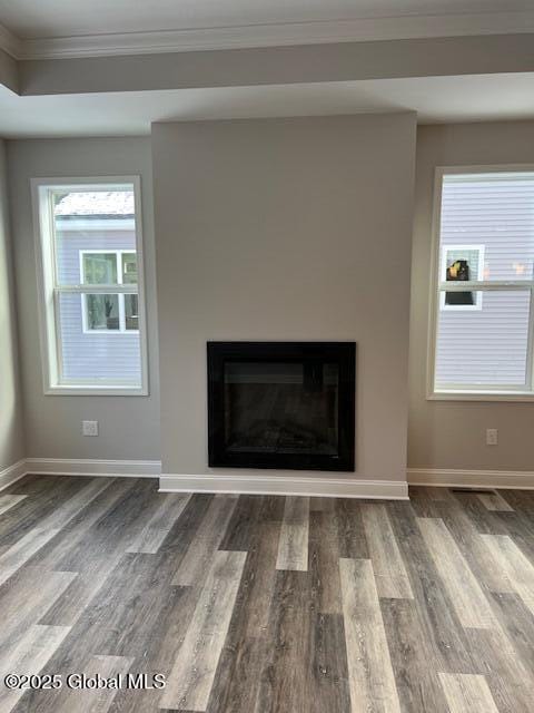 room details with ornamental molding and hardwood / wood-style flooring