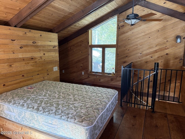 bedroom featuring wood ceiling, wood-type flooring, vaulted ceiling with beams, and wooden walls