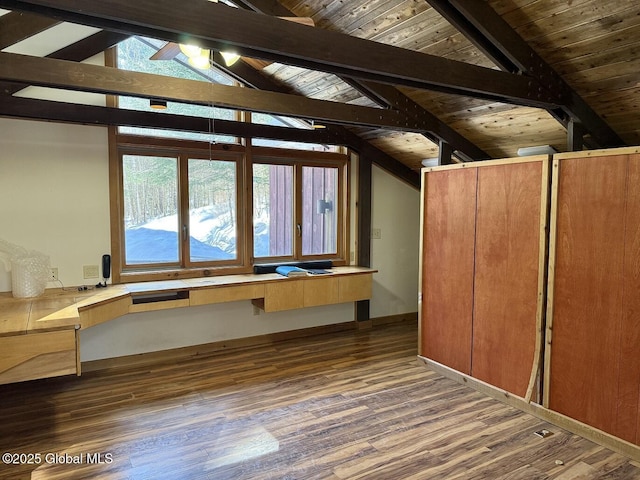 interior space featuring dark wood-style floors, wooden ceiling, and vaulted ceiling with beams