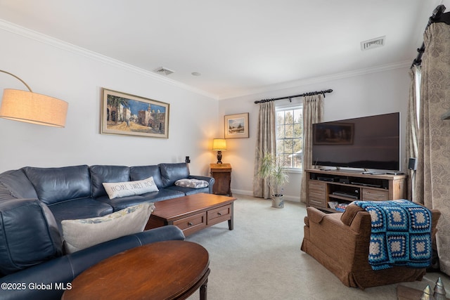 carpeted living room featuring ornamental molding