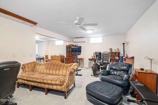 carpeted living room with a wall mounted air conditioner and ceiling fan