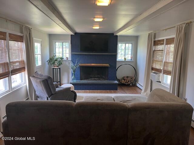 living room with baseboard heating, wood-type flooring, a healthy amount of sunlight, and a fireplace