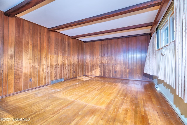 unfurnished room with hardwood / wood-style flooring, beam ceiling, and wooden walls