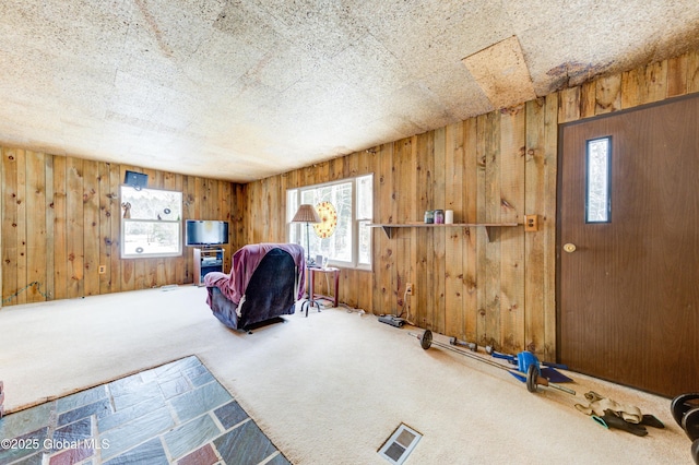 unfurnished room with carpet floors, wooden walls, and a healthy amount of sunlight