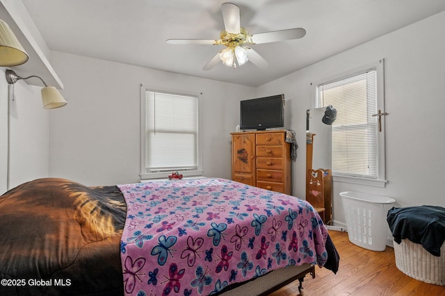 bedroom featuring ceiling fan and light wood-type flooring