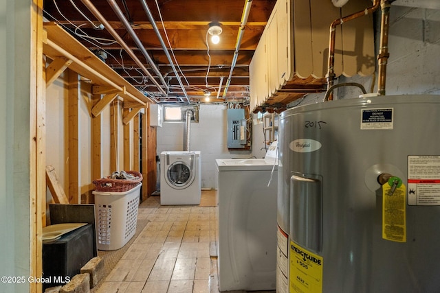 basement with independent washer and dryer, electric panel, and water heater