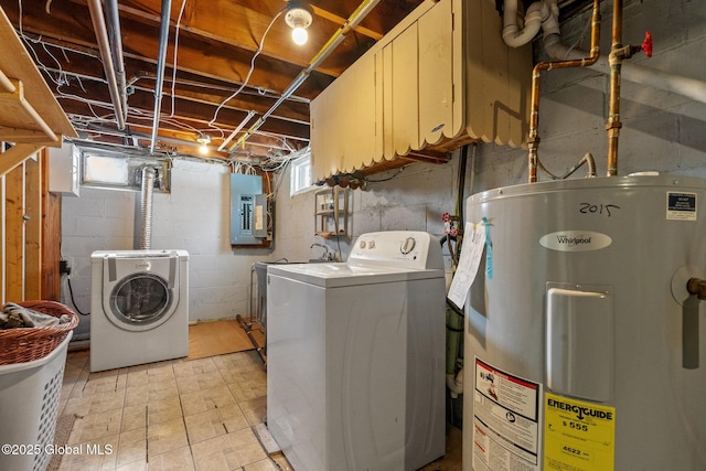 laundry area with electric panel, water heater, and washing machine and clothes dryer