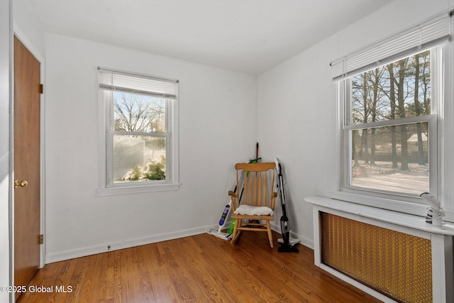 unfurnished room with hardwood / wood-style flooring, radiator, and a wealth of natural light