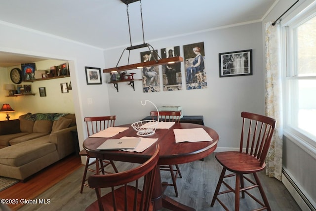 dining space with dark wood-type flooring, crown molding, plenty of natural light, and a baseboard radiator