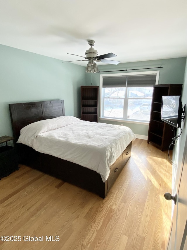 bedroom with ceiling fan and light wood-type flooring