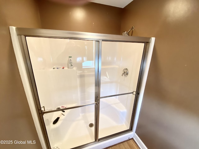 bathroom featuring a shower with shower door