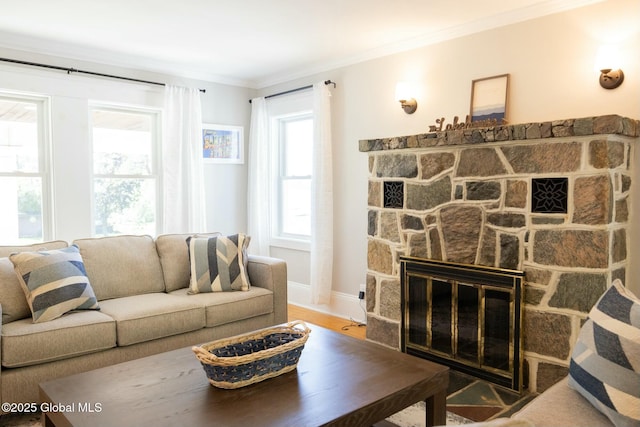 living room featuring ornamental molding, wood-type flooring, and a fireplace