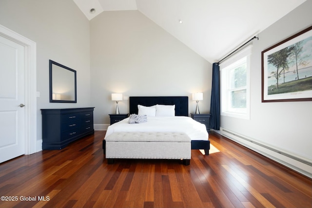 bedroom featuring a baseboard radiator, lofted ceiling, and dark hardwood / wood-style floors