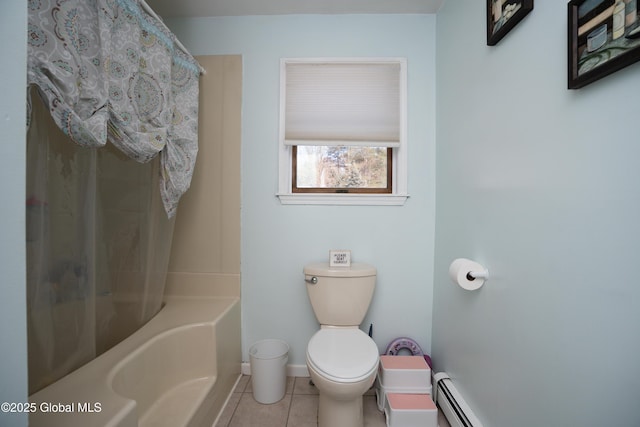 bathroom featuring a baseboard radiator, toilet, and tile patterned flooring