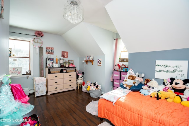 bedroom featuring a baseboard radiator, dark hardwood / wood-style flooring, vaulted ceiling, and multiple windows