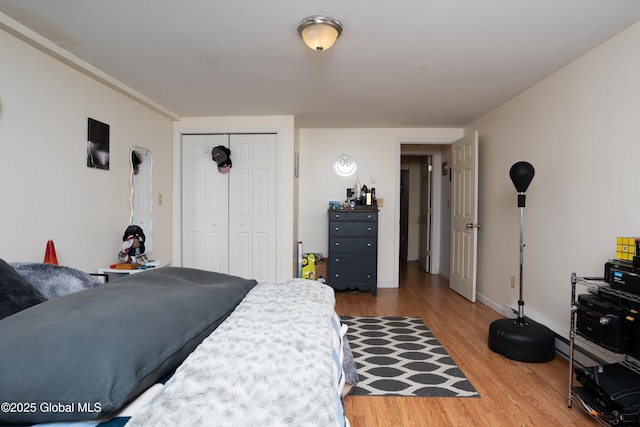 bedroom featuring hardwood / wood-style floors and a closet