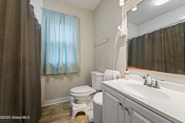 bathroom with hardwood / wood-style flooring, vanity, toilet, and walk in shower