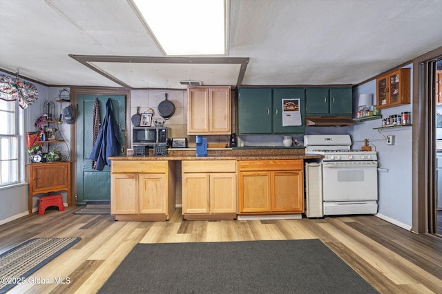 kitchen featuring white gas range and light hardwood / wood-style flooring