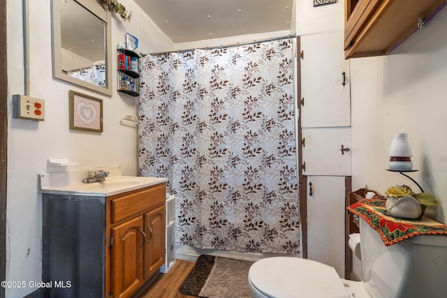 bathroom featuring vanity, hardwood / wood-style flooring, and toilet