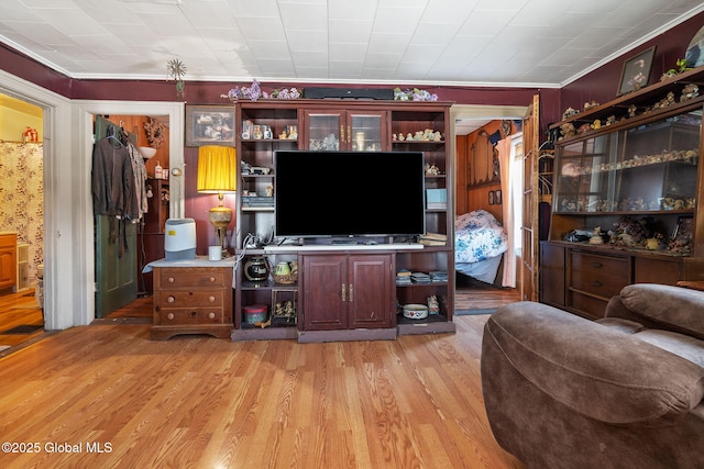 living room featuring ornamental molding and light hardwood / wood-style floors