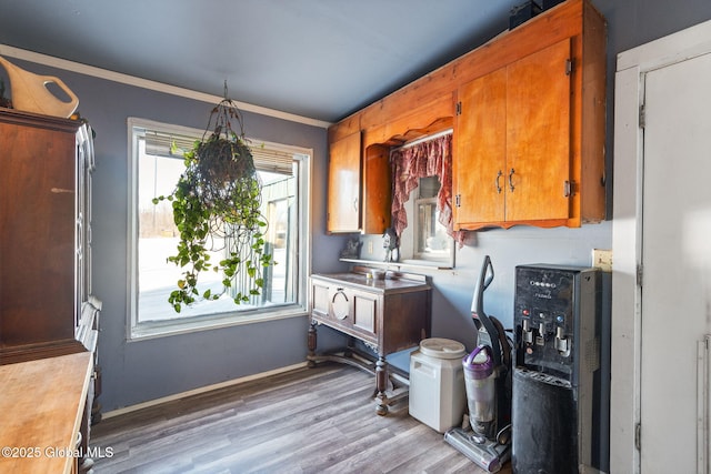 kitchen with ornamental molding and light hardwood / wood-style floors