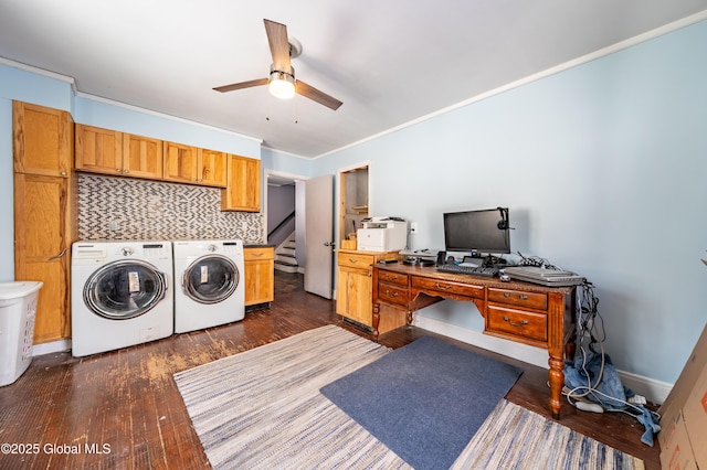 laundry room with washer and dryer, cabinets, dark hardwood / wood-style flooring, ornamental molding, and ceiling fan