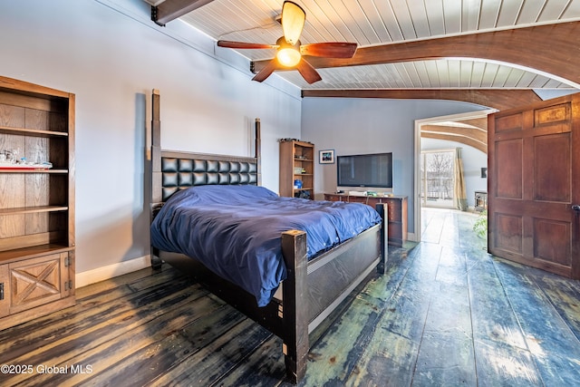 bedroom featuring wood ceiling, ceiling fan, beamed ceiling, and dark hardwood / wood-style flooring