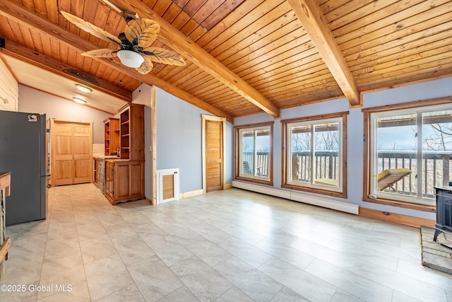 unfurnished living room with a baseboard heating unit, ceiling fan, lofted ceiling with beams, a wood stove, and wooden ceiling