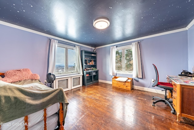 office space with crown molding and dark wood-type flooring