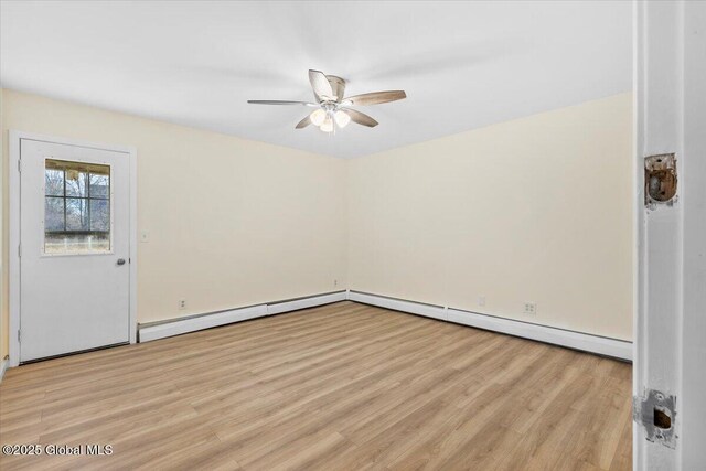 spare room featuring light hardwood / wood-style floors, baseboard heating, and ceiling fan