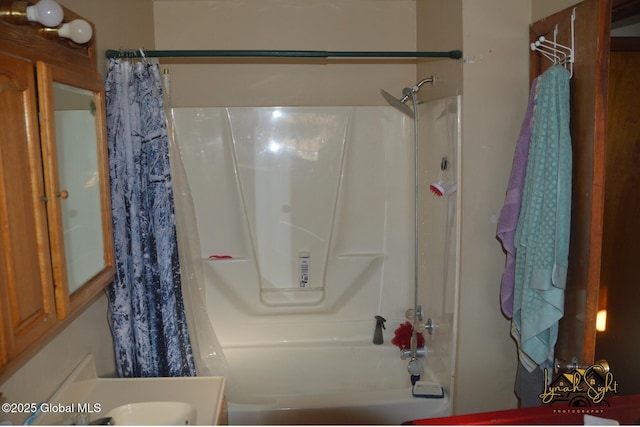 full bathroom with shower / bath combination with curtain