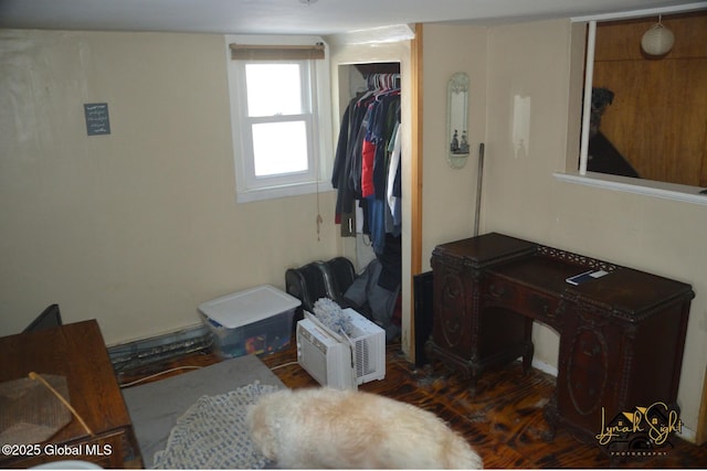 bedroom with wood finished floors and a closet