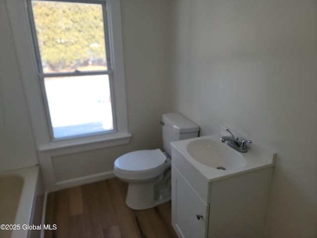 bathroom with vanity, hardwood / wood-style floors, a bathtub, and toilet