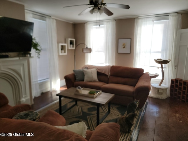 living room featuring dark wood-type flooring and ceiling fan