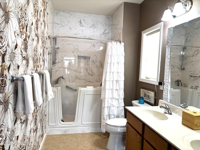 full bathroom with tile patterned flooring, toilet, vanity, and shower / tub combo with curtain