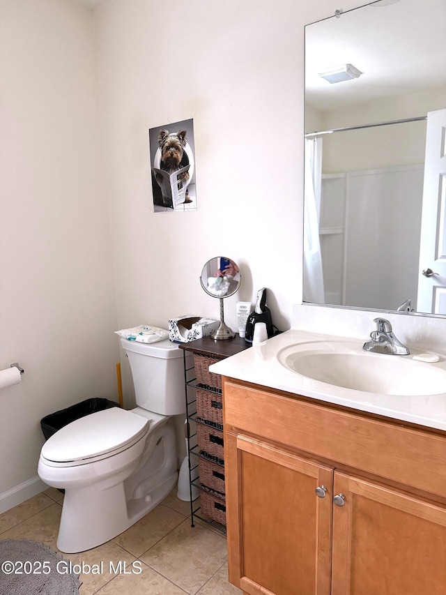 bathroom featuring tile patterned floors, vanity, toilet, and a shower with shower curtain