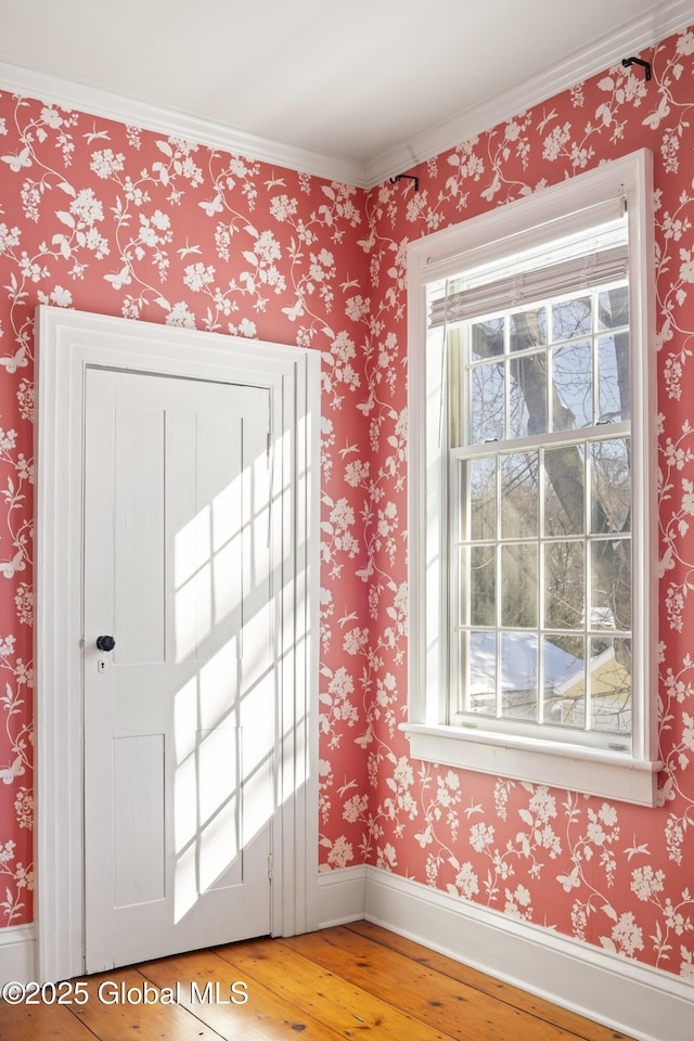 foyer entrance with ornamental molding, wood-type flooring, and a wealth of natural light